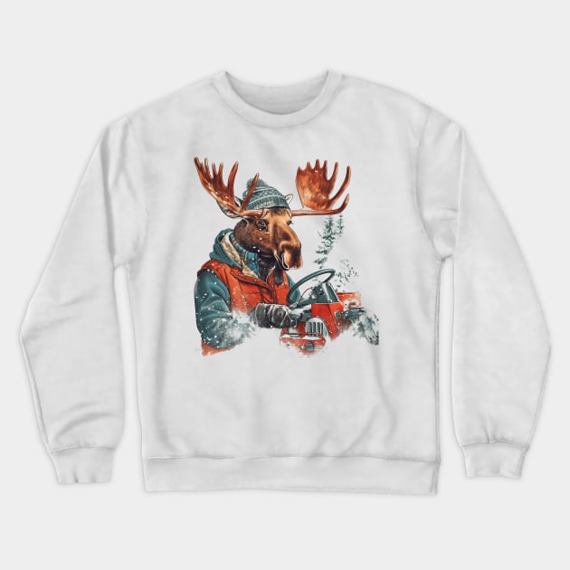 Winter Moose on Snow Plow Vintage Illustration Crewneck Sweatshirt by TeeTrendz